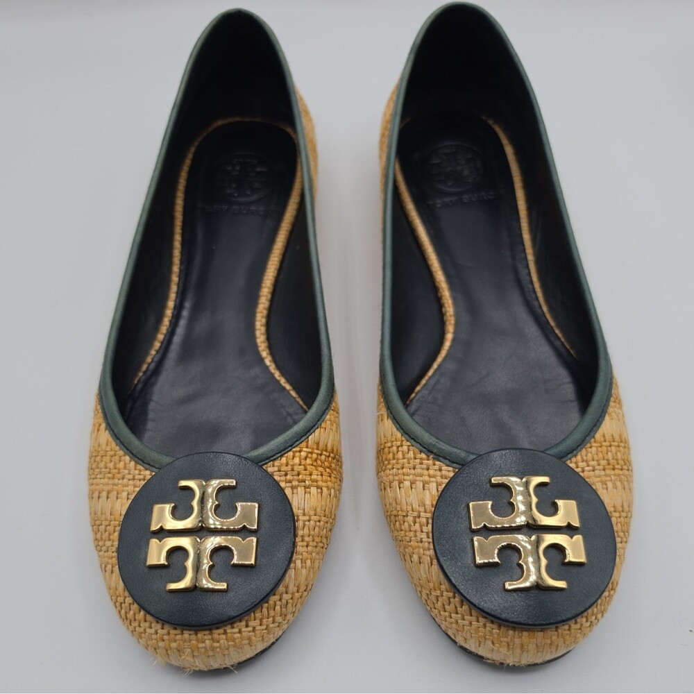 Tory Burch Reva Ballet Women’s 8.5 Woven Raffia Beige/Navy Straw Flat Shoes